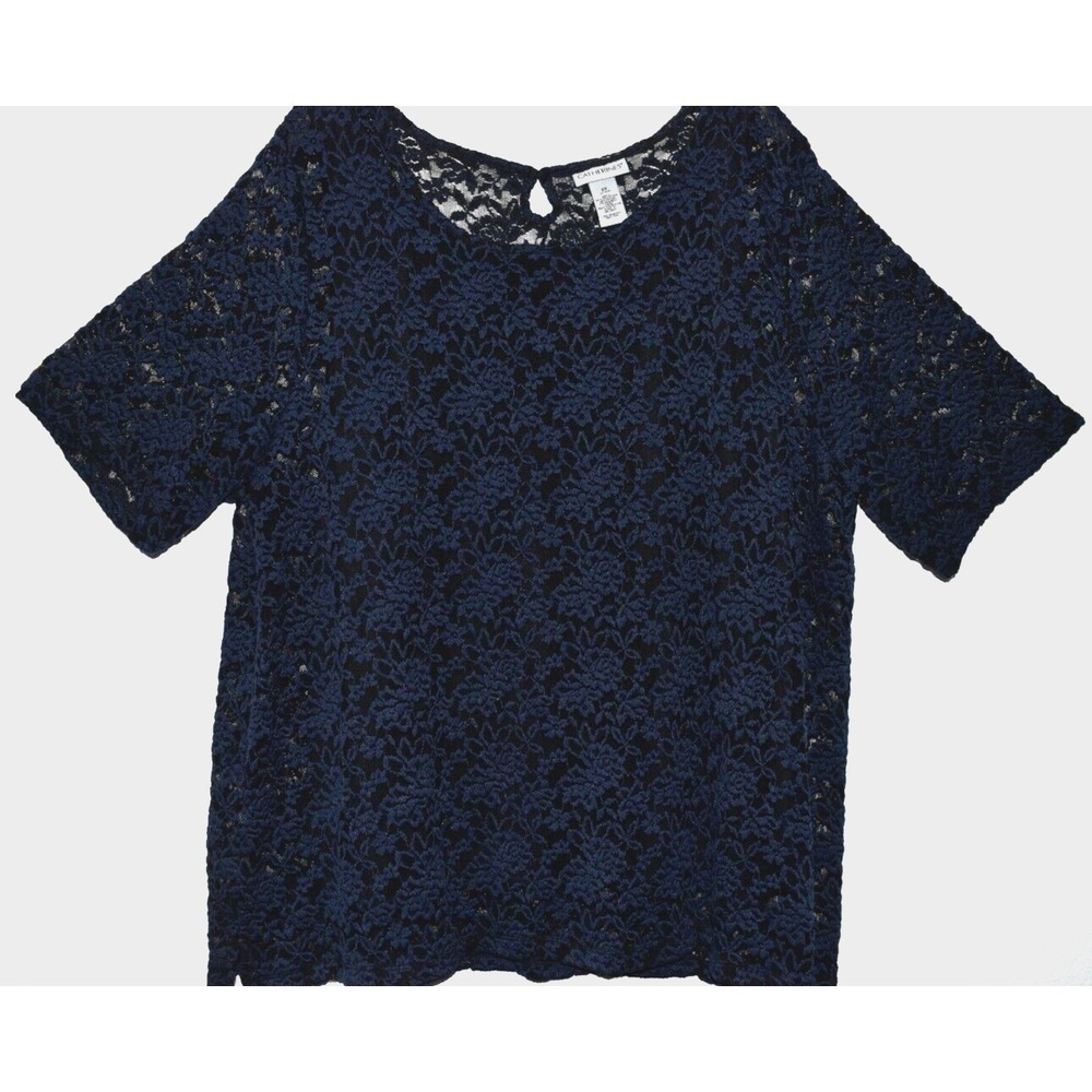 Catherine's 2X Lace Top Stretch Semi Sheer Overlay Blue/Black Romantic Party